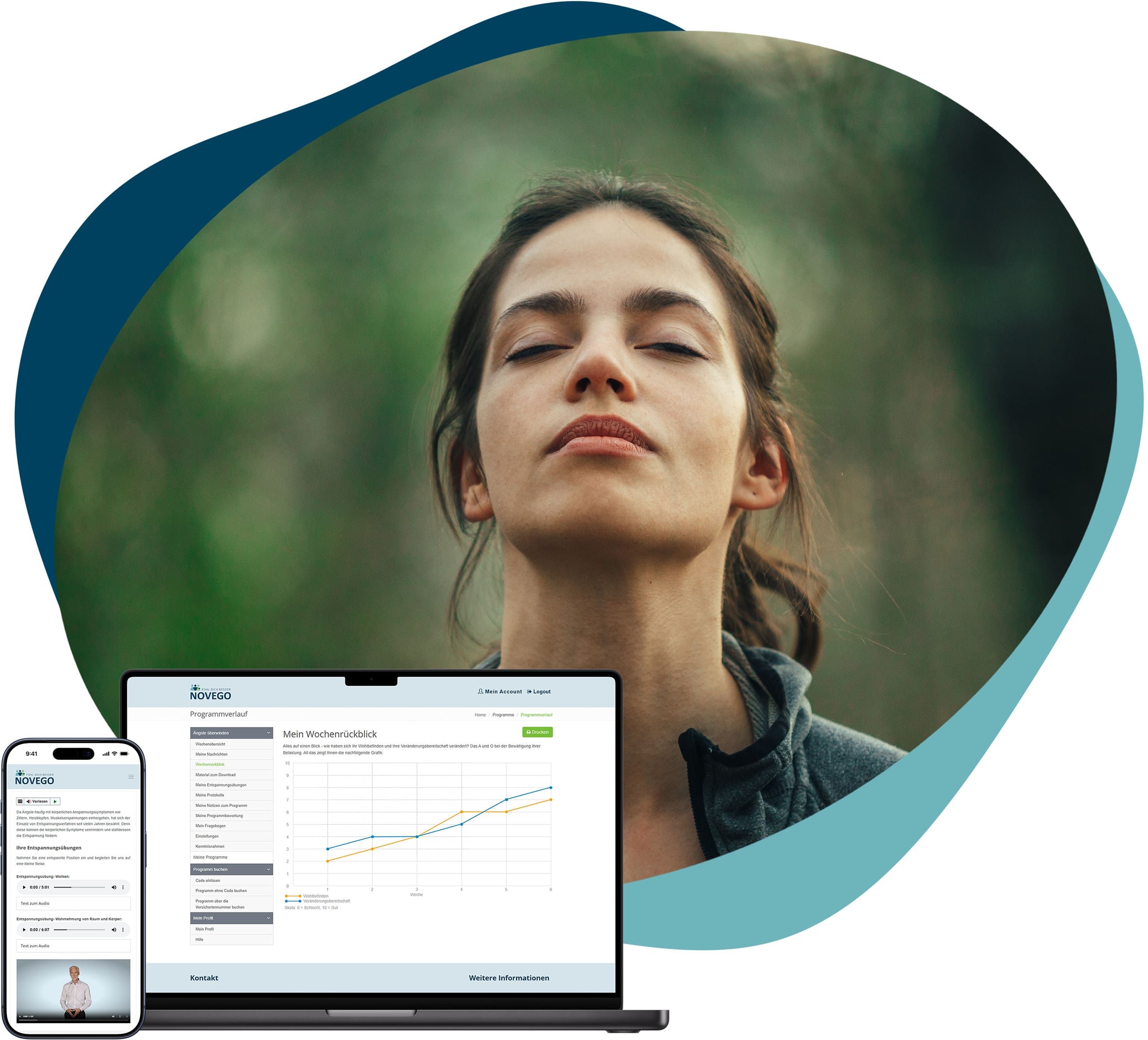 Frau atmet in der Natur durch – symbolisiert Angstfreiheit. Screenshot des Novego Online-Therapieprogramms bei Angststörungen auf Smartphone und Laptop.