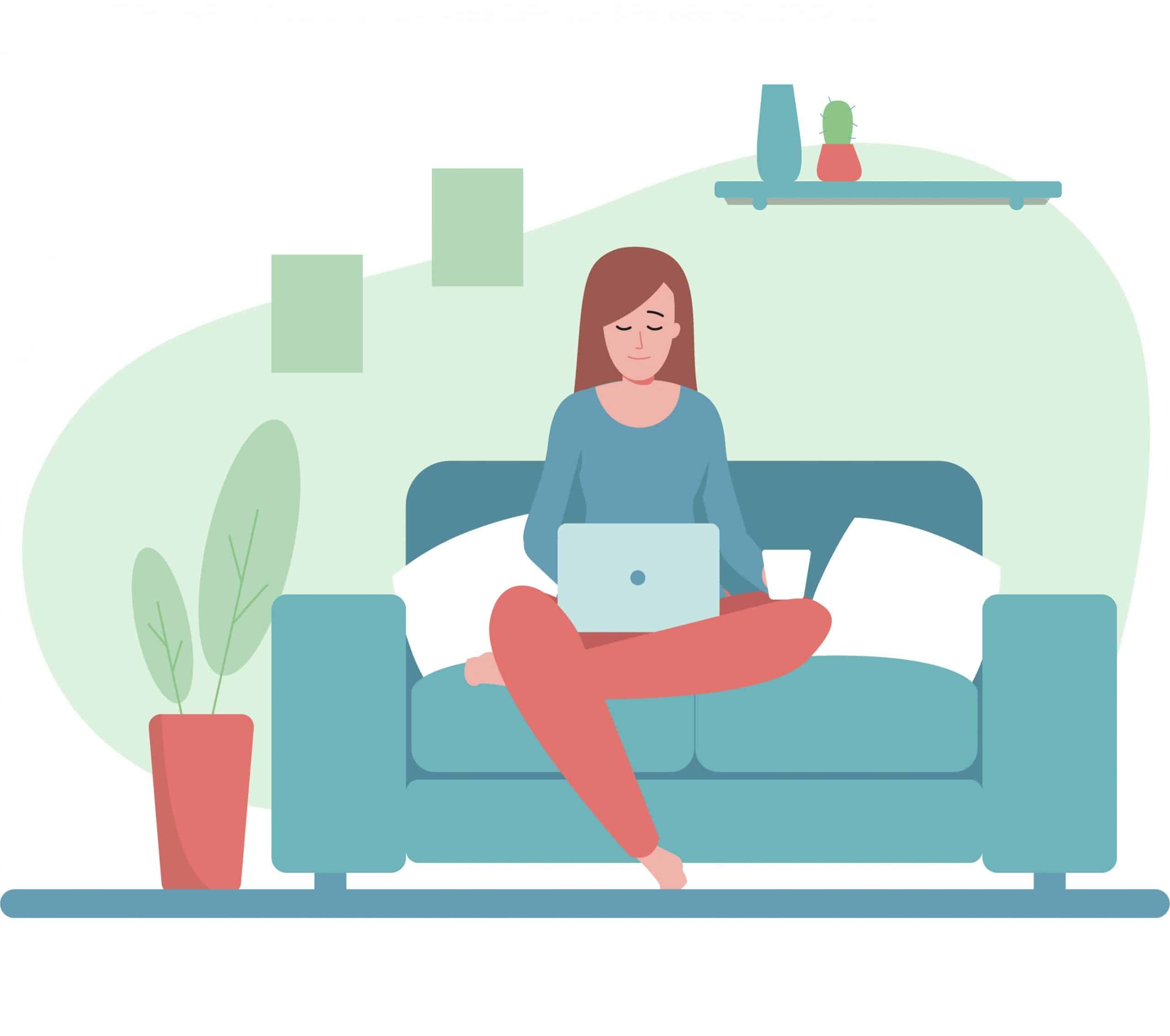 Frau sitzt nachdenklich am Fenster – symbolisiert Traurigkeit und innere Leere. Screenshot des Novego Online-Therapieprogramms bei Depression auf Smartphone und Laptop.