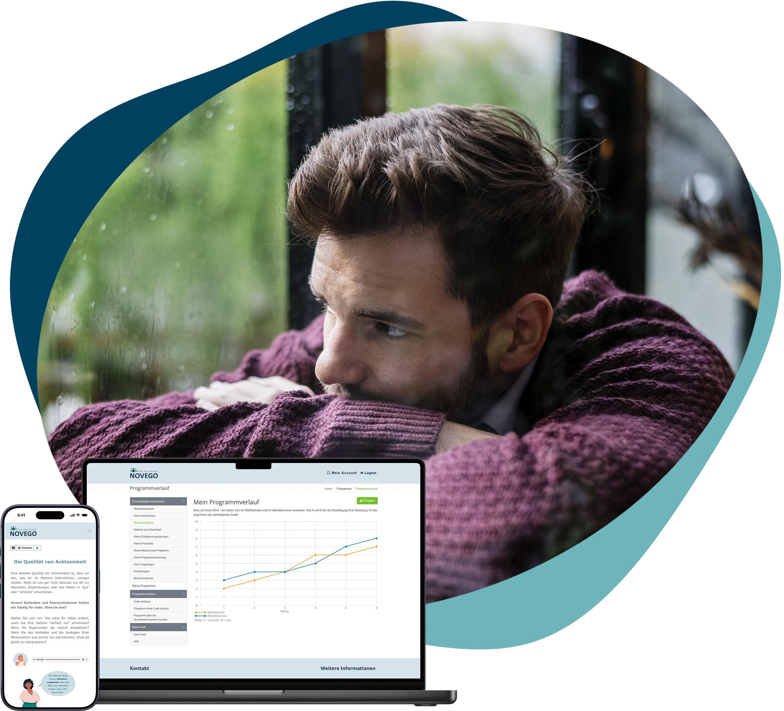 Mann sitzt erschöpft am Fenster – symbolisiert Burnout und chronische Erschöpfung. Screenshot des Novego Online-Therapieprogramms bei Erschöpfung und Burnout auf Smartphone und Laptop.