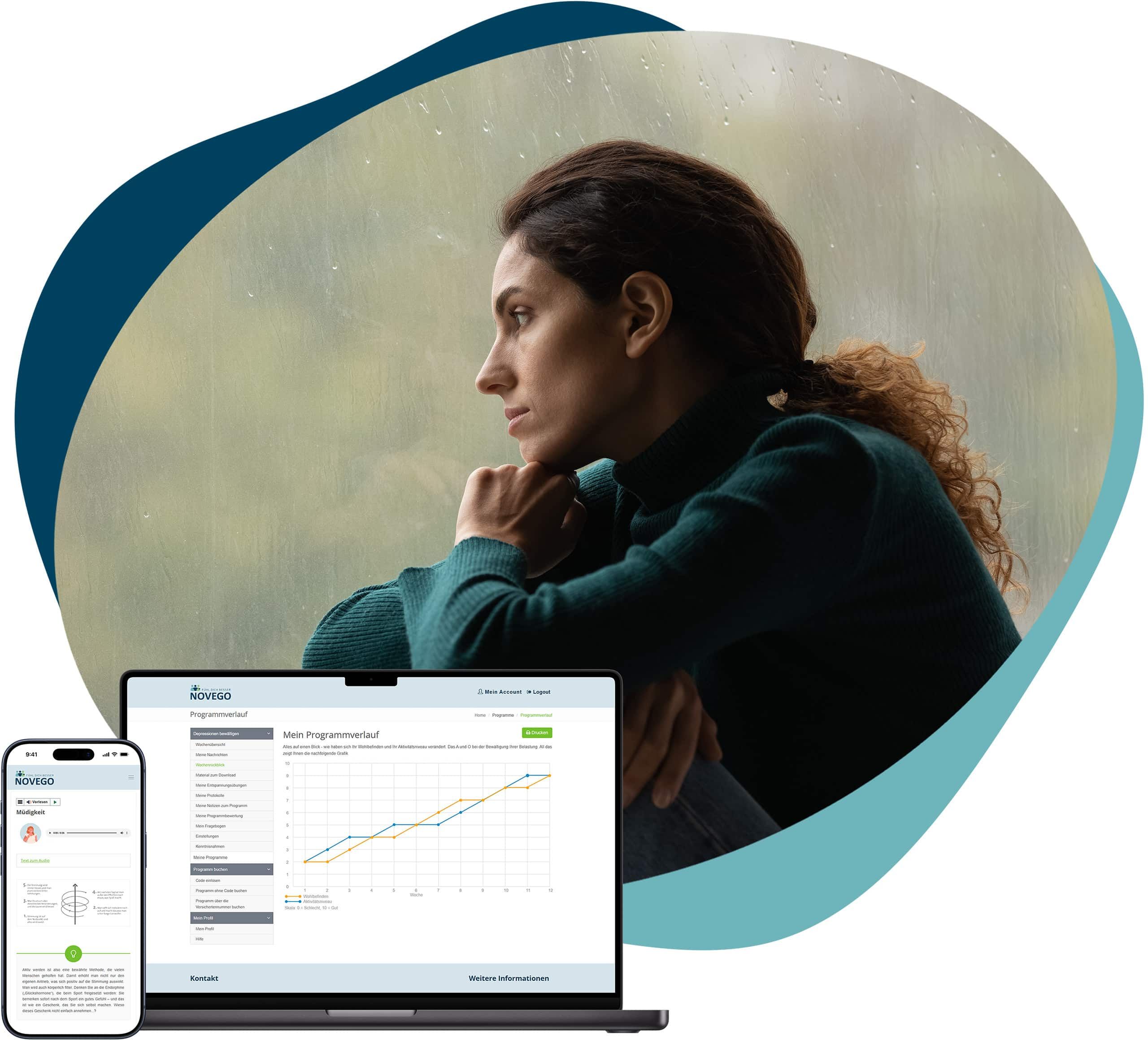 Frau sitzt nachdenklich am Fenster – symbolisiert Traurigkeit und innere Leere. Screenshot des Novego Online-Therapieprogramms bei Depression auf Smartphone und Laptop.