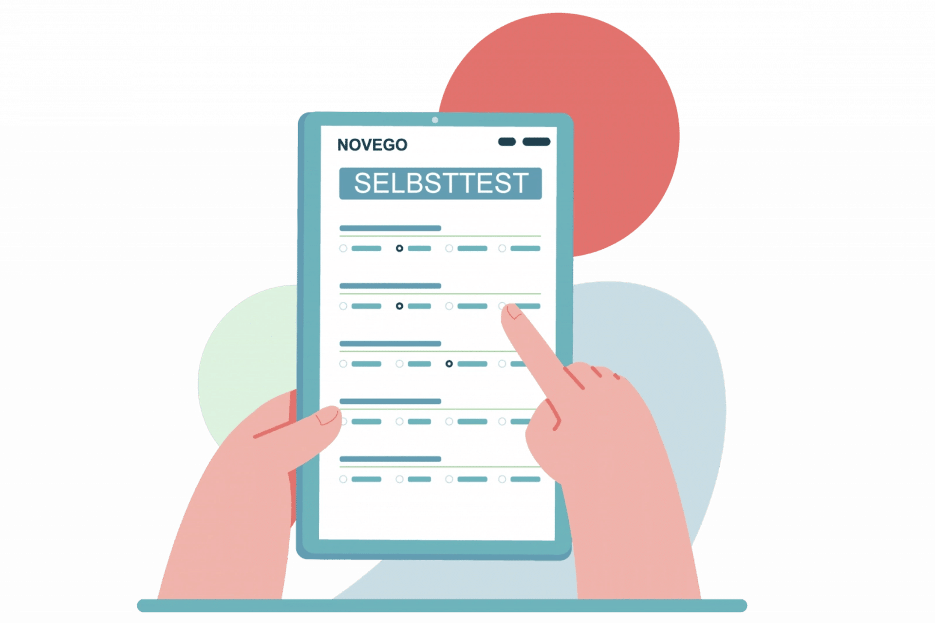 Illustration – Eine Person füllt einen Novego Online-Selbsttest bei psychischen Belastungen am Tablet aus.