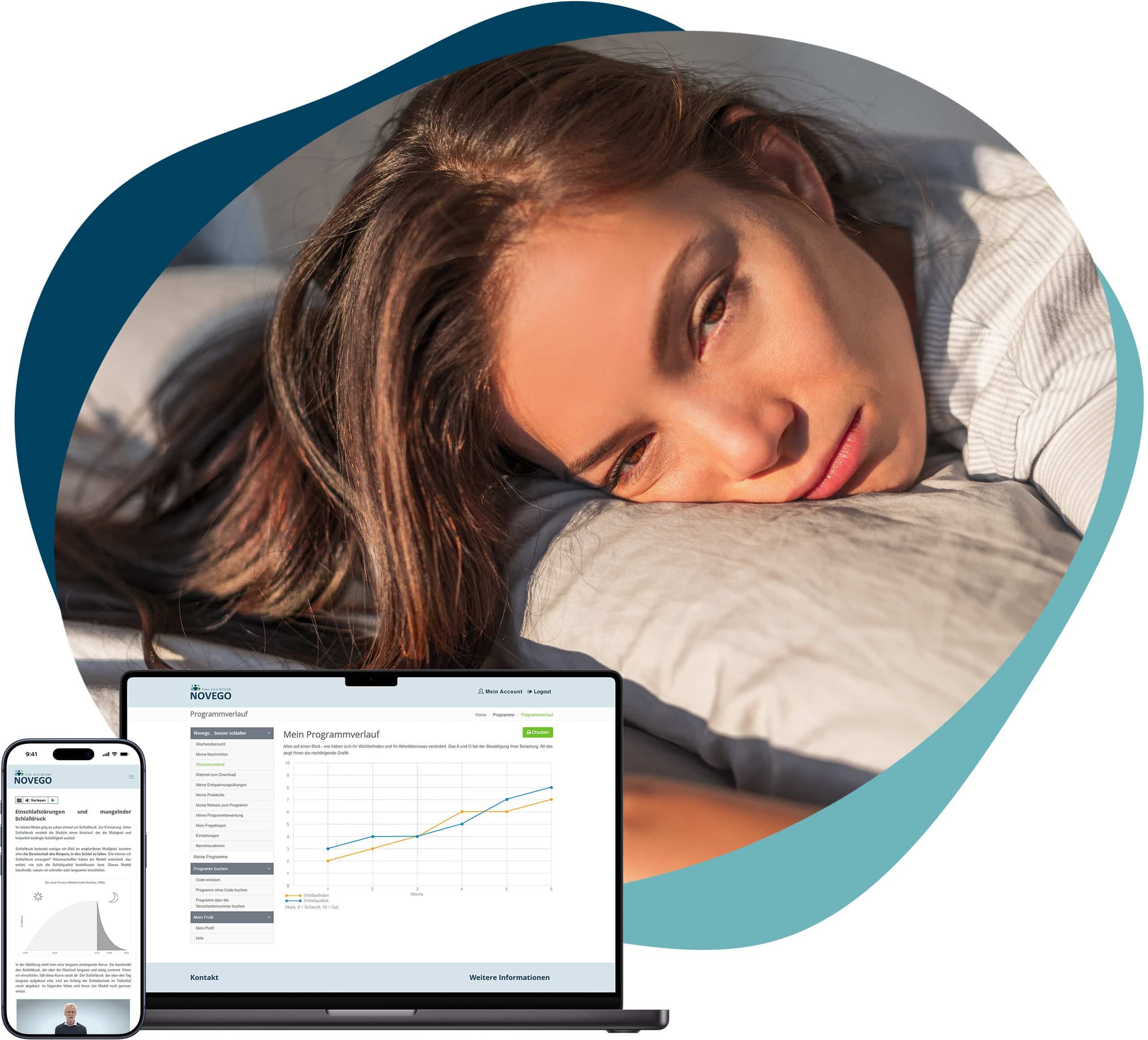 Mann sitzt erschöpft am Fenster – symbolisiert Burnout und chronische Erschöpfung. Screenshot des Novego Online-Therapieprogramms bei Erschöpfung und Burnout auf Smartphone und Laptop.