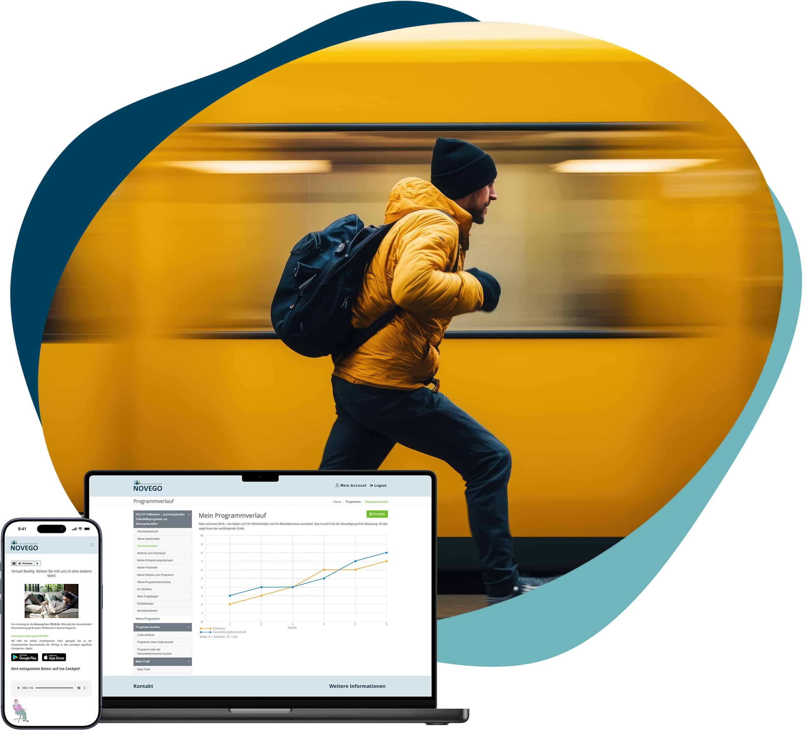 Mann rennt gestresst einer Bahn hinterher – symbolisiert Stress und Überlastung. Screenshot des Novego Online-Präventionsprogramms bei Stress auf Smartphone und Laptop.